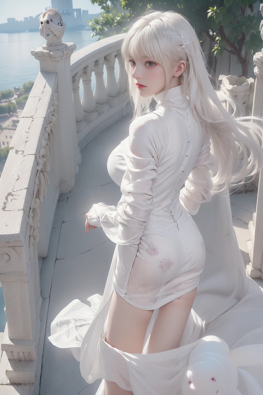 ((Woman Standing On Balcony Of Old Castle))、((Rear view))、((look back)),Highest quality works、actual work、Ultra Premium Graphics、8K HD CG Works、High quality graphics、High-definition CG works、10x pixels、Ultra-fine detail:1. 1、High technical level:1.1 PhotoGenuine、Natural light:1. 5、Light effects(Virtual Light effects:1.8)、((Straight Van、Princess Van))、((Very heavy、Volume Bang:1.1)、((very long、Very heavy、Very voluminous side locks:1. 1)、Hime cut、Straight bangs、Bangs straight、(masterpiece、Highest quality:1.5)、(ultra detailed 8k cg:1.4)、(超Realistic:1.25)、(Genuine:1.1. 4)、((Golden white hair))、Thin eyebrows、High nose、Nice red lips、Rosy Cheeks、Delicate makeup face、Cute Face、Perfectly balanced face、()、Light-colored foundations enhance the clarity of your skin..。 ((An off-the-shoulder semi-transparent white floral dressy skirt fluttering in the wind))、 ((You can see her white panties)), 40k、photograph、、Highest quality、(1. Beautiful Eyes、Light Hair、White skin、Mr.. Escape.々Pause、((Mid-chest、:1.1))、Highest quality、Tabletop、Ultra-high resolution、(Genuine:1.4)、RAWphotograph、(Perfect figure)、(slim、:1.3)。 3)、slimな腹部、that's all(Girl standing on the balcony of an old castle),((バストアップphotograph)),((masterpiece:1.5、8k、Portraiture、フォトリアリスティックでVery detailedなCG、Very detailed、Particle Effects、Dynamic Effects、Written boundary depth、Cinematic Light、Lens flare、Ray Tracing、Tabletop、Realistic:1.4、Ultra-high resolution:1.2、Realistic、Realistic,((alone)、(A woman wearing a semi-transparent white turtleneck dress:1.4)、モデル風のPause:、Side bust、(Medium sized breasts)、Detailed face、Bright expression、young, Brighter, よりWhite skin、Best Looks、Ultimate beauty、White hair with shiny highlights:1.8、bright and shiny hair,、Super long, Silky straight hair、Hair swaying in the wind))(Wonderful transparent flower々Surrounded by、White Background、Great background、Thin petals fluttering down)、(The Milky Way is visible in the background)