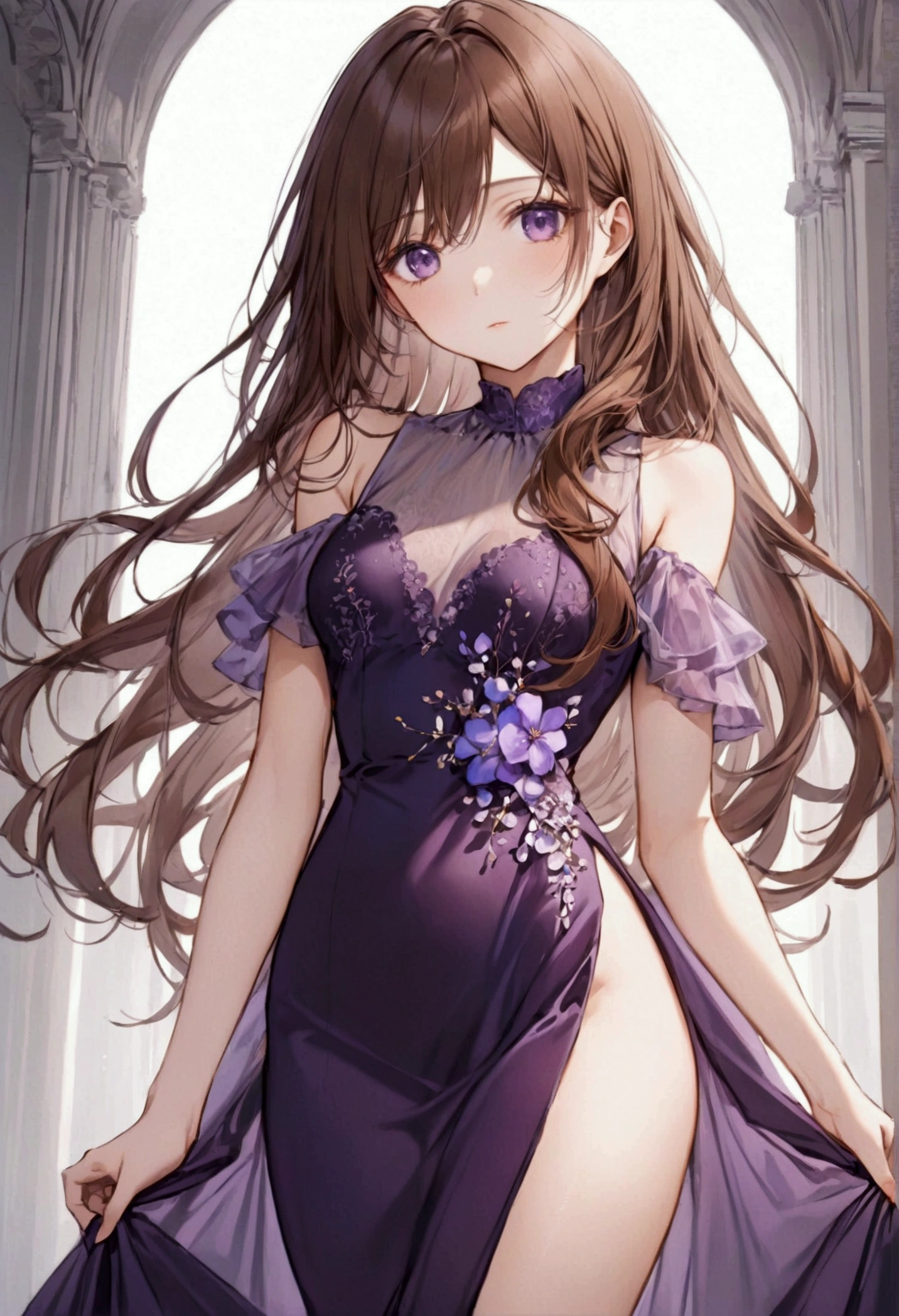 Anime girl, aesthetic body, long brown hair, purple eyes, elegant dress, tall