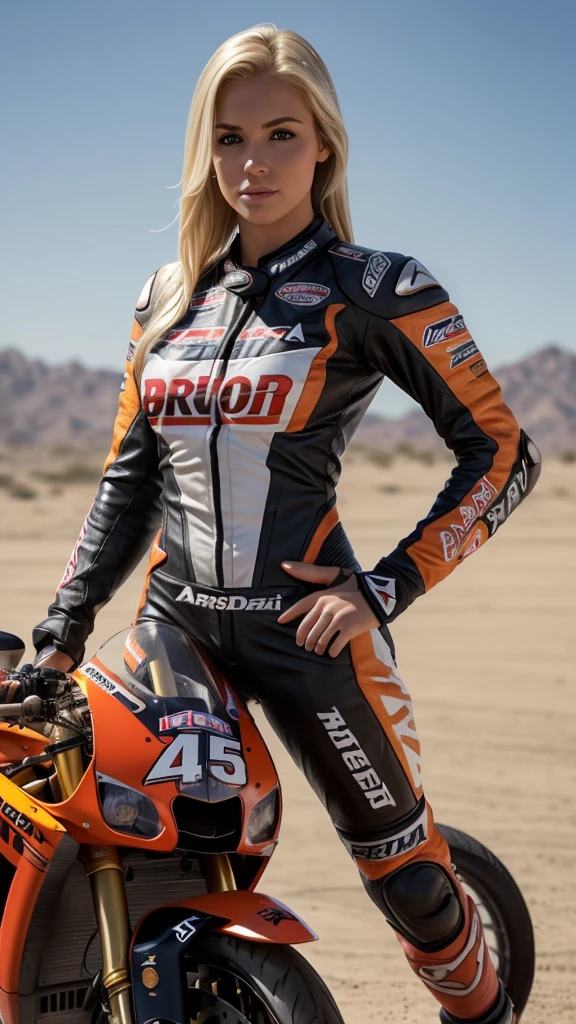 beautiful blonde, 25 year old, American woman, motorcycle racing outfit, Daredevils, realistic, 8k, koda photo, photo realistic, slim body, fit, large breast, riding honda repsol superbike