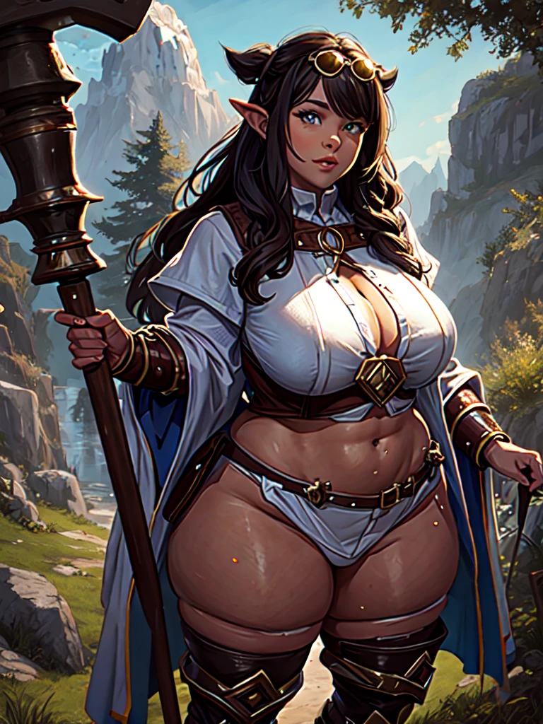 A stunning beauty voluptuous female dwarf from the Tolkien's "The Lord of The Rings", short pointed ears, height about 150 cm. Wearing a white dirty shirt and brown jumpsuit, also a googles on her head, holding a big hammer. A rock mountain in the background. Beautiful wavy short black hair, beautiful eyes, beautiful pink lips, beautiful big chest, beautiful navel, beautiful hips, beautiful thick thighs, beautiful legs. Very detailed anatomy, very detailed face, very detailed background, very detailed clothes. Photorealistic HD image, very wide angle, top to toes, full body, A Masterpiece.
