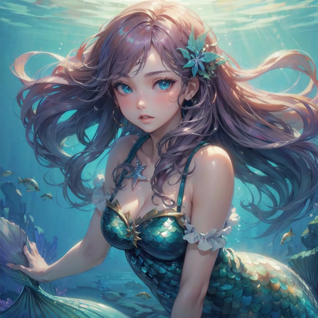 masterpiece, (textured skin), best quality, gorgeous beautiful, (a beautiful girl,mermaid),detailed clothes,large breasts,narrow waist,, (beautiful face), cinematic lighting, (fantasy anime art ),