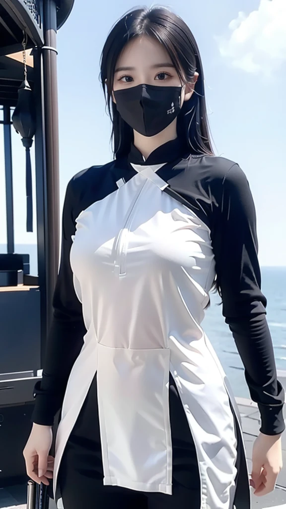 a girl, All black ninja outfit,hanging sword behind ,Whole body, sunlight, Clear Face, Clean white background, masterpiece, super detail, Epic composition, ultra hd, High Quality, Very detailed, official art, Uniform wallpaper 8K, super detail, 32k - in 6