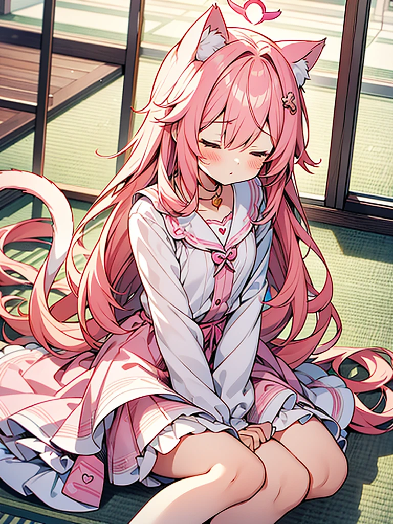 Illustrations of super precise bishojo anime patterns, heart shaped angel halo, cute face boy, boy in girl's clothes, cat ears and tail, shocking pink hair, long hair, angel clothes, tired, sitting on tatami, comical scenes, mini characters,closed eyes,Upon reflection,