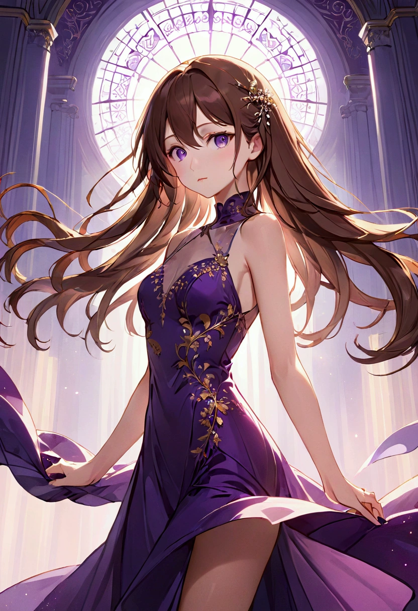Anime girl, aesthetic body, long brown hair, purple eyes, elegant dress, tall