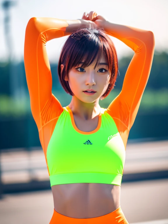 Best quality 8k resolution Ultra detailed Bright neon pink competition sportswear Serious facial expression Cute girl Abs Arms up Very short hair High waisted tights Flat chest Japanese Sharp focus Track and field club Very short hair 27 years old Sweating