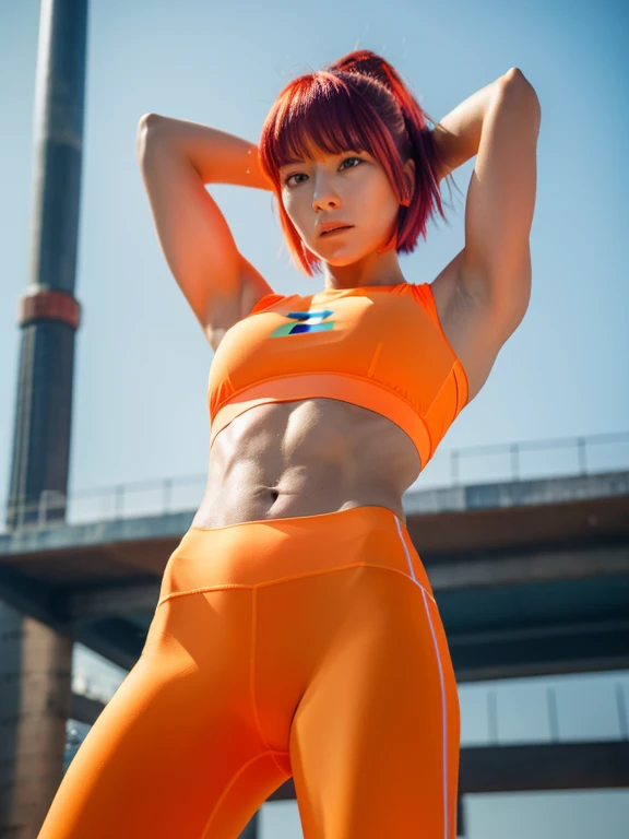 Best quality 8k resolution Ultra detailed Bright neon orange competition sportswear Serious facial expression Cute girl Abs Arms up Very short hair High waisted tights Flat chest Japanese Sharp focus Track and field club Very short hair 27 years old Sweating