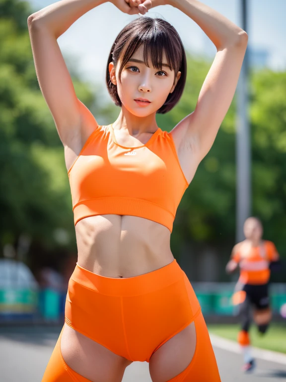 Best quality 8k resolution Ultra detailed Bright neon orange competition sportswear Serious facial expression Cute girl Abs Arms up Very short hair High waisted tights Flat chest Japanese Sharp focus Track and field club Very short hair 27 years old Sweating