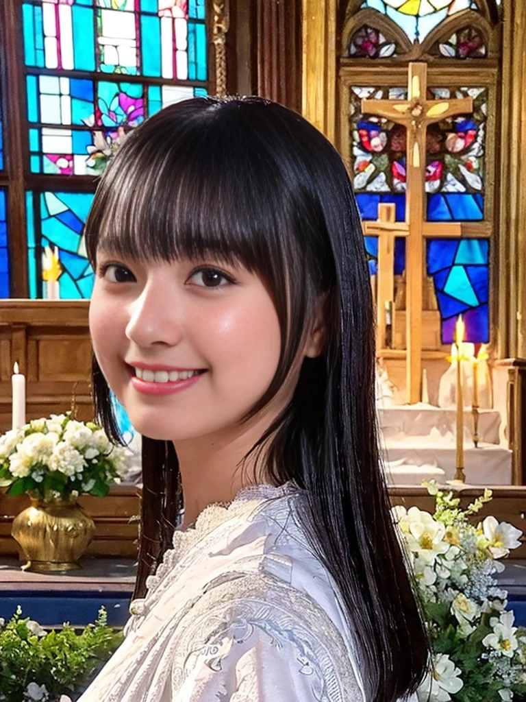 Realistic photos、18-year-old、Small breasts、tall、cute、One Girl、(Realistic Skin:1.5)、Front view、cuteポーズ、(Wedding dress、Flower pattern、Detailed embroidery)、Antique church、(Stained glass behind)、Black Hair、Straight hair、bangs、(White lace hair ornament)、smile、Highest quality、High resolution、(masterpiece)、Professional photos、8k resolution、Intricate details、Physically Based Rendering、8k wallpaper、
