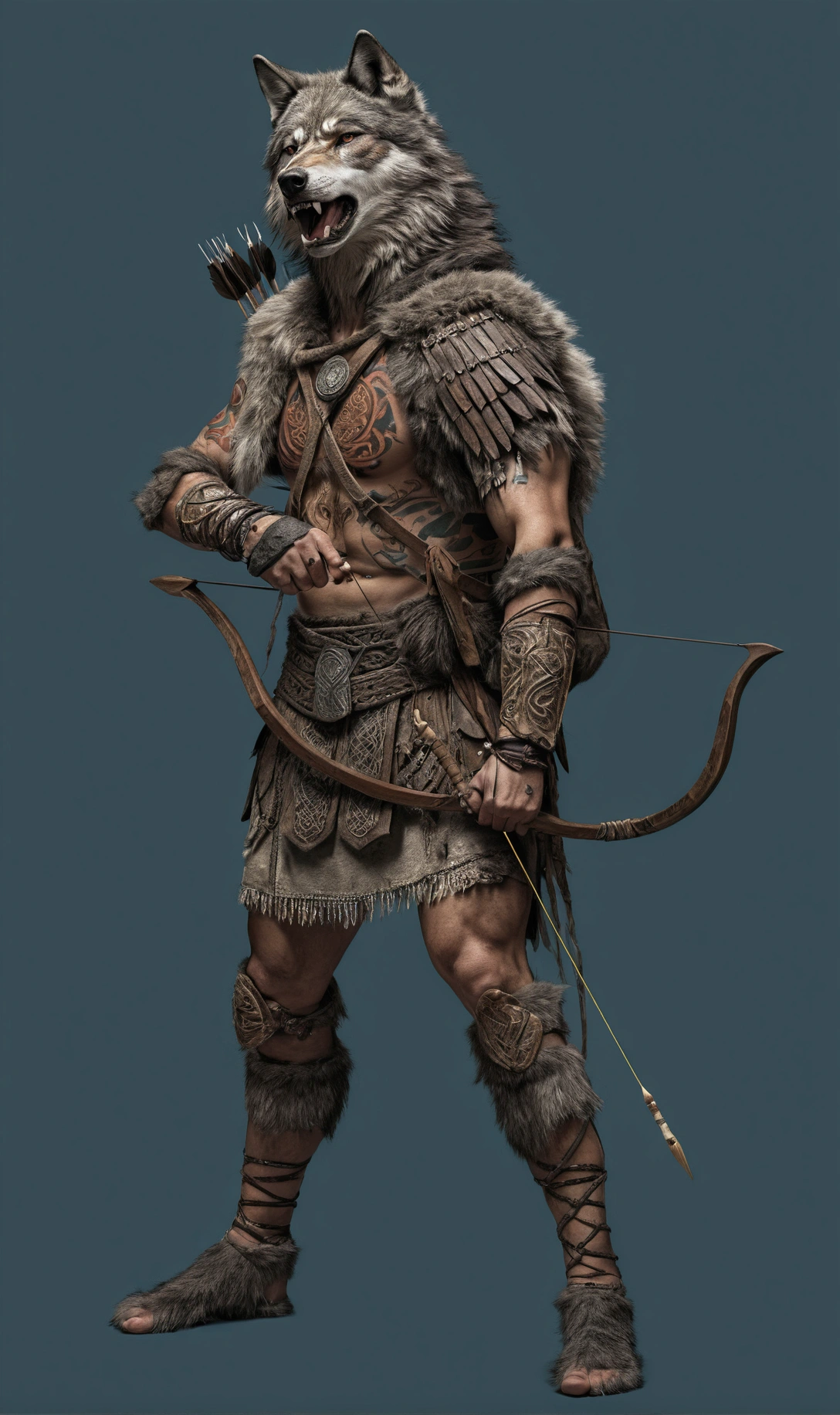 primitive celtic warrior carrying bow and arrow, with painted face and tattooed arm, wearing helmet with wolf skin, painted human face: ultra realistic and detailed image