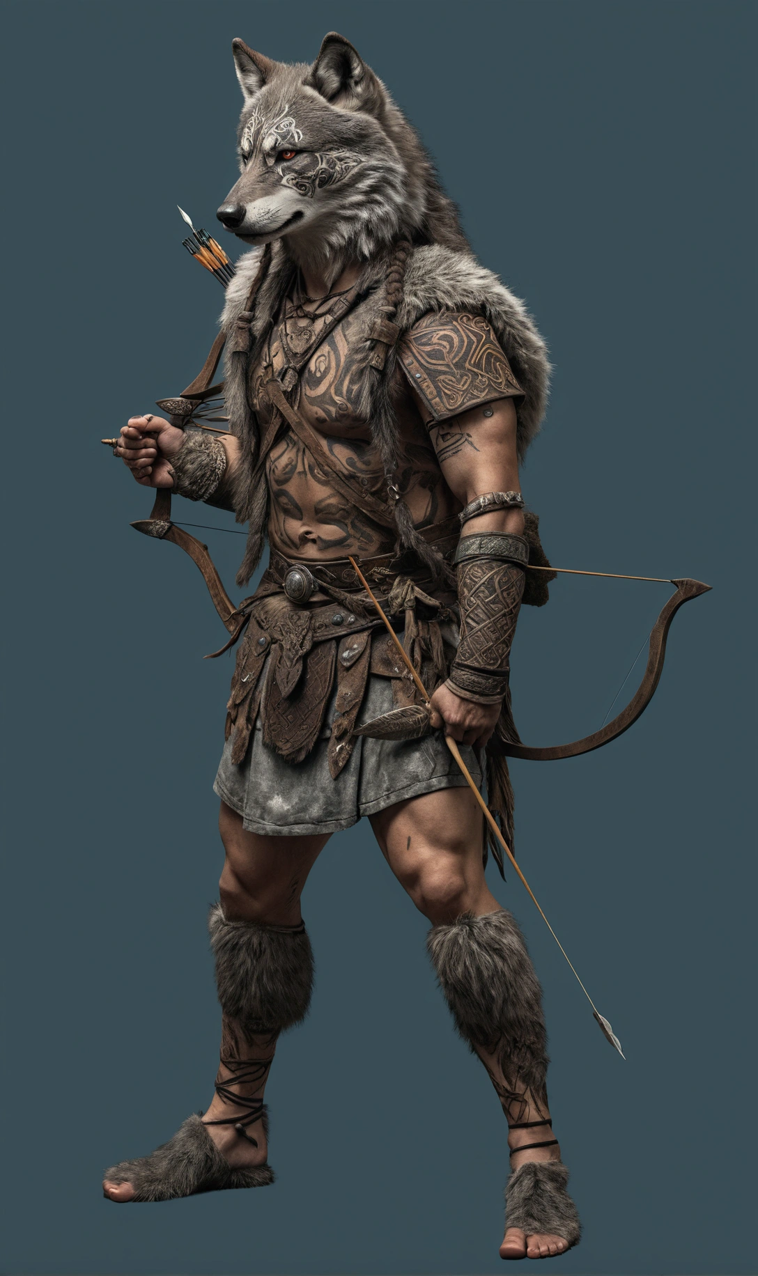 primitive celtic warrior carrying bow and arrow, with painted face and tattooed arm, wearing helmet with wolf skin, painted human face: ultra realistic and detailed image