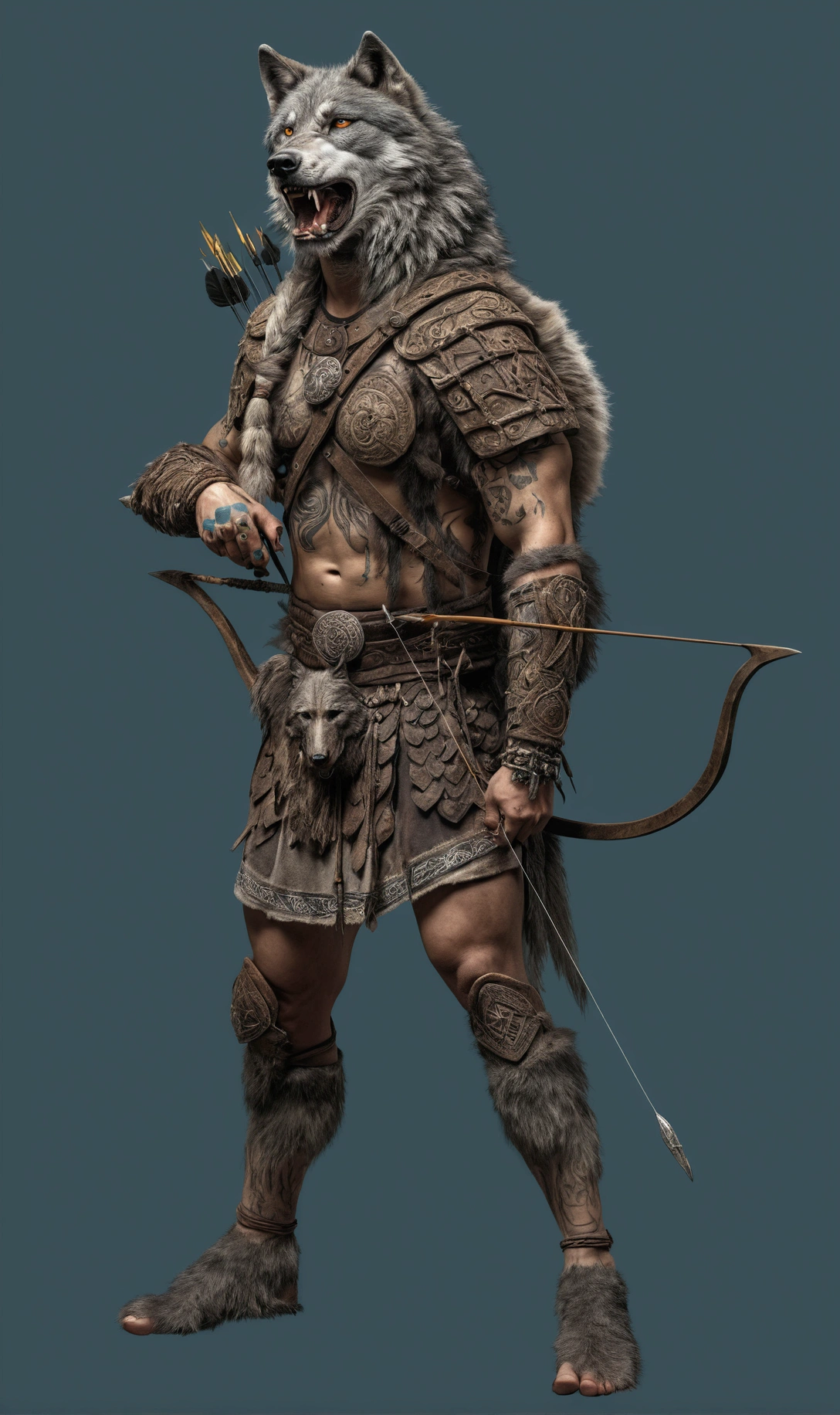 primitive celtic warrior carrying bow and arrow, with painted face and tattooed arm, wearing helmet with wolf skin, painted human face: ultra realistic and detailed image