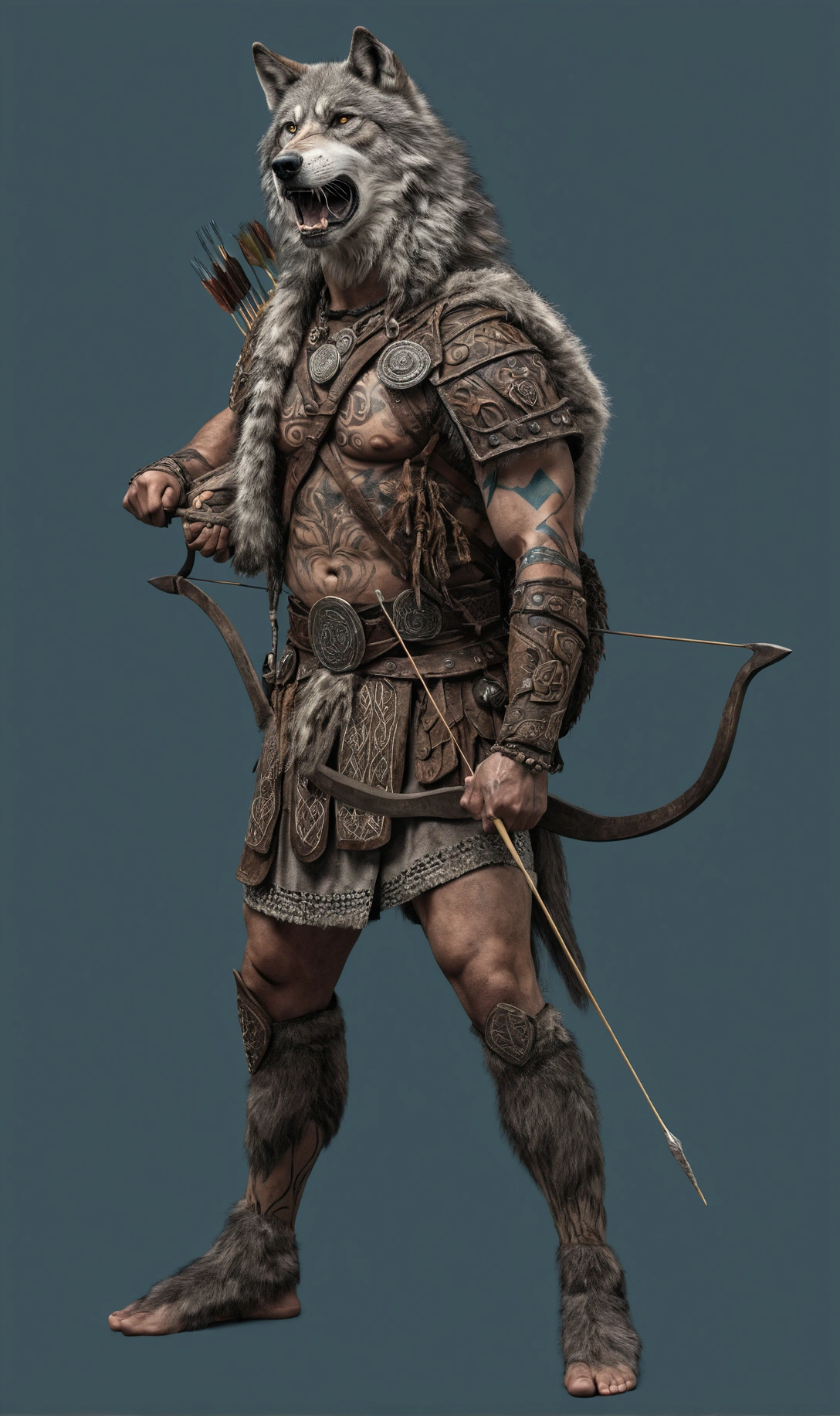 primitive celtic warrior carrying bow and arrow, with painted face and tattooed arm, wearing helmet with wolf skin, painted human face: ultra realistic and detailed image