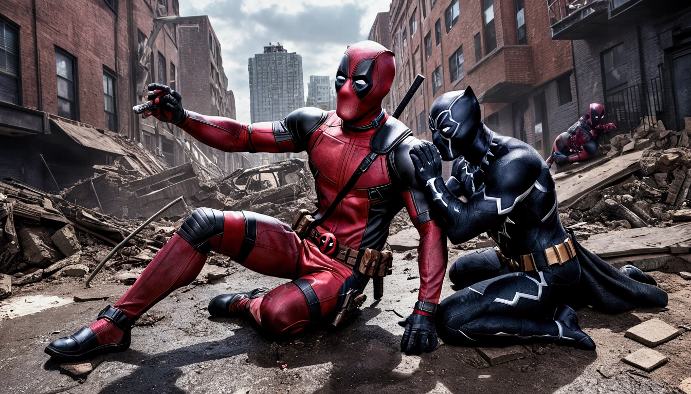 Very detailed,Deadpool,Battle against Black Panther,Intricate details,Collapsed streets,of war