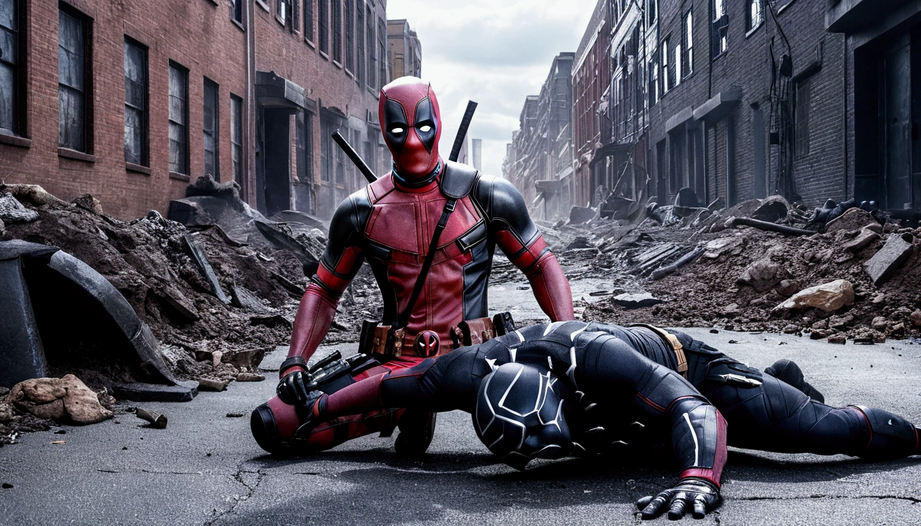 Very detailed,Deadpool,Battle against Black Panther,Intricate details,Collapsed streets,of war
