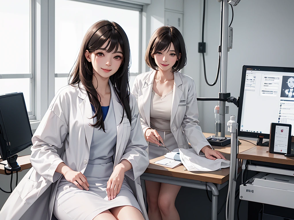 Doctor, 1 woman, solo, sitting (Looking at the audience), (white lab coat:1.5), long skirt ,Stylish clothes mature woman /(dark brown hair/) Bangs, smiling kindly (The best quality masterpiece:1.2) , Delicate illustrations, Special details, (hospital examination room) In the building, desk (X-ray image of the lungs:1.2) Detailed background