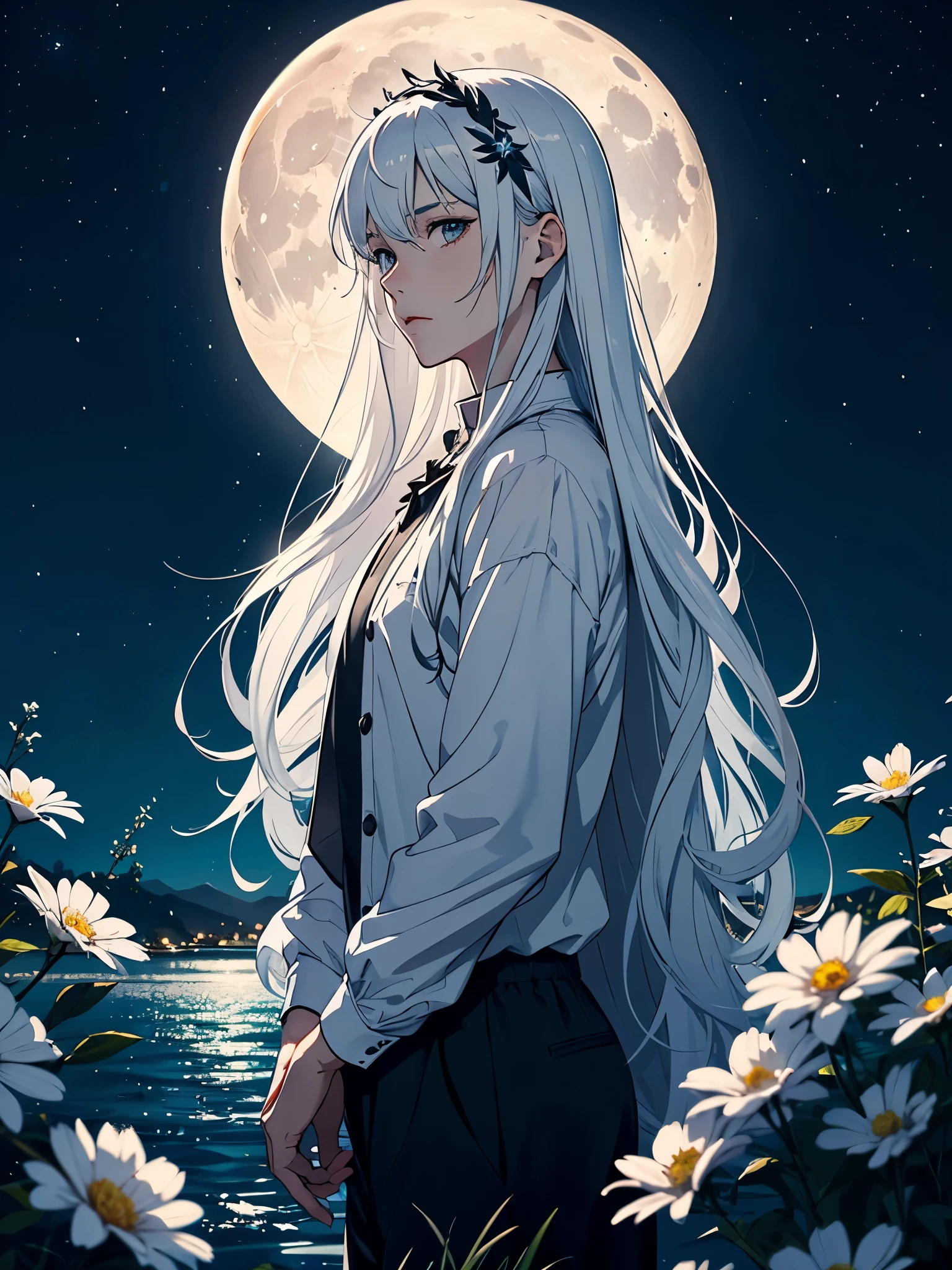 Mit Rock. Im Kleid. Blut.  Engel. Viele weoße vögel. More anime. light blue light. Bright bright light. magical. Moon. White flowers. male. Long hair. long white hair. aquatic, boy, God of the Moon, silver hair accessories, White hair. 