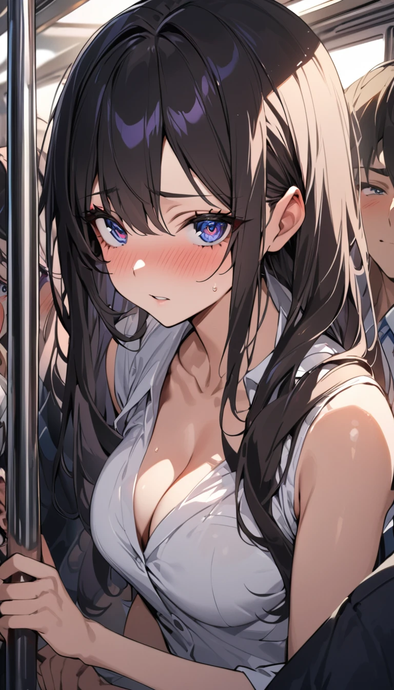 A woman with big ,Gorgeous MILF,clavicle,Smooth lower chest,OL,office clothing,transparent,exquisite,Intricate details,black,(blush:1.2),shed tears,Fear,A subway with lots of people coming and going,Vision