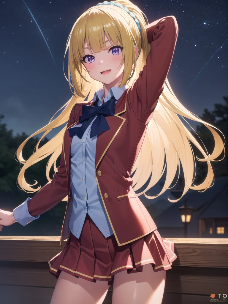 keikaruizawa, kei karuizawa, Long Hair, bangs, blunt bangs, (Purple eyes:1.1), Blonde, shirt, hair ornaments, ponytail, Scrunchie, blue Scrunchie, smile, break skirt, shirt, bow, , Jacket, (red Jacket:1.2), Pleated skirt, bowtie, sweater, (blue bow:1.2), (blue shirt:1.2), break looking at viewer, (Cowboy Shot:1.5), break (masterpiece:1.2), Highest quality, High resolution, unity 8k wallpaper, (figure:0.8), (Beautiful attention to detail:1.6), Highly detailed face, Perfect lighting, Highly detailed CG, (Perfect hands, Perfect Anatomy), , (3D Face:1.1), (Shiny skin:1.5), (超High resolution intricate face details), (Facial skin pores:1.3), 超High resolution cloth texture, 大きなsmile、Blushing、Open your mouth, Showing off her perfect legs, Swayback stance:1.5, armpit:1.6, arms behind back detailed night view, quiet川, Starry Sky, Lush foliage, Wooden dock, full moon, fire Fly, peaceful, quiet, Cinematic, Dramatic lighting, Gloomy atmosphere, 8k, High resolution, Realistic, Vibrant colors, Atmospheric, Digital Art