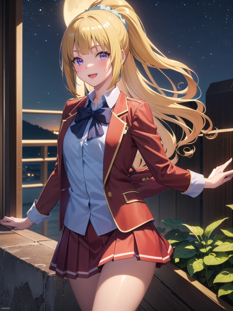 keikaruizawa, kei karuizawa, Long Hair, bangs, blunt bangs, (Purple eyes:1.1), Blonde, shirt, hair ornaments, ponytail, Scrunchie, blue Scrunchie, smile, break skirt, shirt, bow, , Jacket, (red Jacket:1.2), Pleated skirt, bowtie, sweater, (blue bow:1.2), (blue shirt:1.2), break looking at viewer, (Cowboy Shot:1.5), break (masterpiece:1.2), Highest quality, High resolution, unity 8k wallpaper, (figure:0.8), (Beautiful attention to detail:1.6), Highly detailed face, Perfect lighting, Highly detailed CG, (Perfect hands, Perfect Anatomy), , (3D Face:1.1), (Shiny skin:1.5), (超High resolution intricate face details), (Facial skin pores:1.3), 超High resolution cloth texture, 大きなsmile、Blushing、Open your mouth, Showing off her perfect legs, Swayback stance:1.5, armpit:1.6, arms behind back detailed night view, quiet川, Starry Sky, Lush foliage, Wooden dock, full moon, fire Fly, peaceful, quiet, Cinematic, Dramatic lighting, Gloomy atmosphere, 8k, High resolution, Realistic, Vibrant colors, Atmospheric, Digital Art