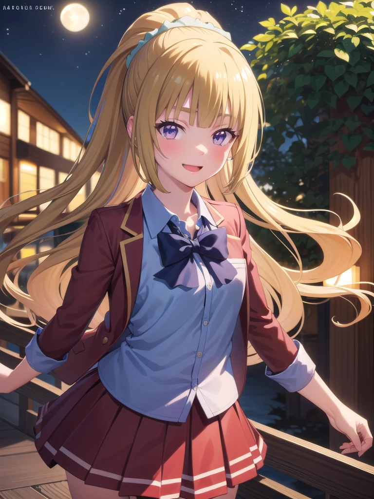 keikaruizawa, kei karuizawa, Long Hair, bangs, blunt bangs, (Purple eyes:1.1), Blonde, shirt, hair ornaments, ponytail, Scrunchie, blue Scrunchie, smile, break skirt, shirt, bow, , Jacket, (red Jacket:1.2), Pleated skirt, bowtie, sweater, (blue bow:1.2), (blue shirt:1.2), break looking at viewer, (Cowboy Shot:1.5), break (masterpiece:1.2), Highest quality, High resolution, unity 8k wallpaper, (figure:0.8), (Beautiful attention to detail:1.6), Highly detailed face, Perfect lighting, Highly detailed CG, (Perfect hands, Perfect Anatomy), , (3D Face:1.1), (Shiny skin:1.5), (超High resolution intricate face details), (Facial skin pores:1.3), 超High resolution cloth texture, 大きなsmile、Blushing、Open your mouth, Showing off her perfect legs, Swayback stance:1.5, armpit:1.6, arms behind back detailed night view, quiet川, Starry Sky, Lush foliage, Wooden dock, full moon, fire Fly, peaceful, quiet, Cinematic, Dramatic lighting, Gloomy atmosphere, 8k, High resolution, Realistic, Vibrant colors, Atmospheric, Digital Art