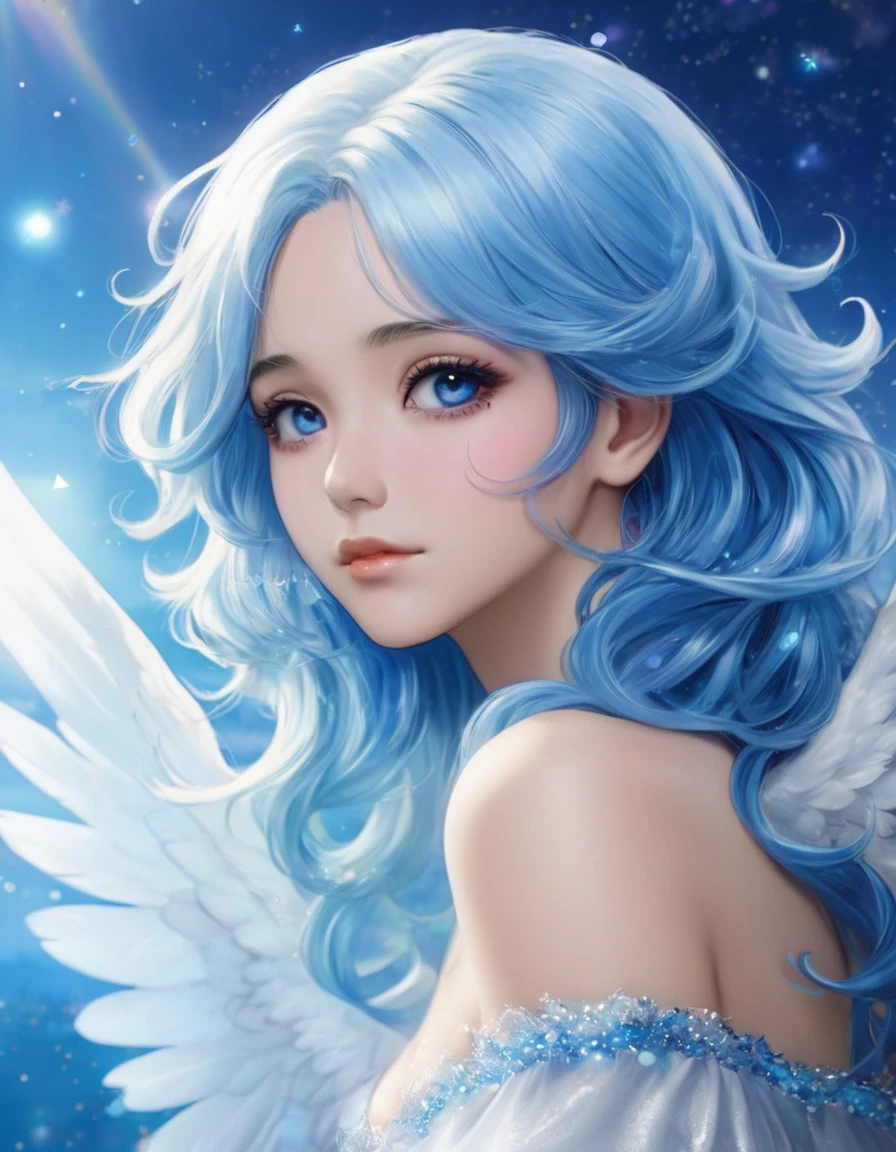 Sky woman with blue hair and angel wings, Beautiful angel少女の, ArtJam on artstation pixiv, ig model | ArtJam, extremely detailed ArtJam, ! dream ArtJam, ArtJam. Anime illustration, ArtJam. Attention to detail, Beautiful angel, like ArtJam, Fantasy art style