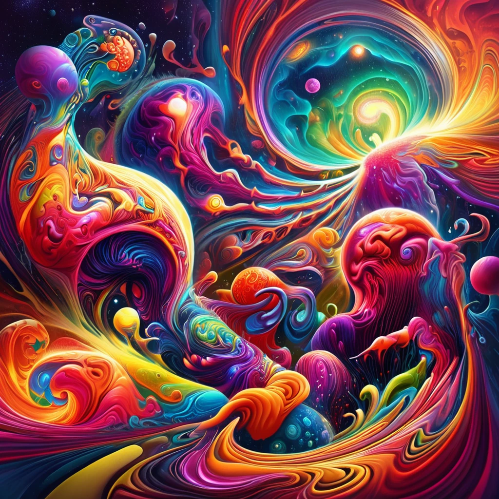 Psychedelic-style nano-infused mutants, Mutants with nanobots integrating into their bodies, Granting Extraordinary Abilities, a dark nebula in the background, . swirly vibrant colors, swirl patterns, abstract shapes, surreal, mind blowing