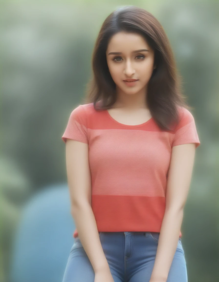 Masterpiece , highly detailed , best quality , perfect face , Shraddha Kapoor , wearing too short sleeves red printed t-shirt and blue jeans , in  garden , looking at camera 