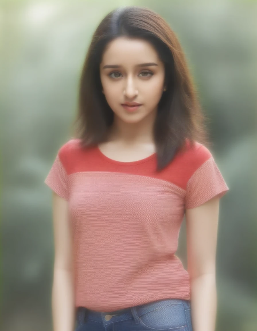 Masterpiece , highly detailed , best quality , perfect face , Shraddha Kapoor , wearing too short sleeves red printed t-shirt and blue jeans , in  garden , looking at camera 