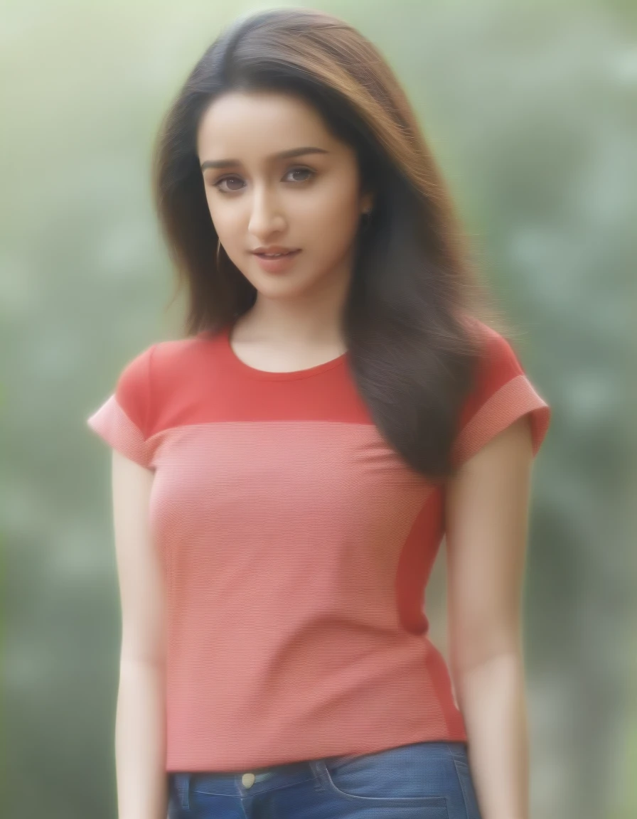 Masterpiece , highly detailed , best quality , perfect face , Shraddha Kapoor , wearing too short sleeves red printed t-shirt and blue jeans , in garden , looking at camera