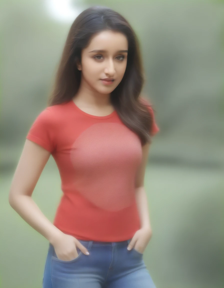 Masterpiece , highly detailed , best quality , perfect face , Shraddha Kapoor , wearing too short sleeves red printed t-shirt and blue jeans , in  garden , looking at camera 