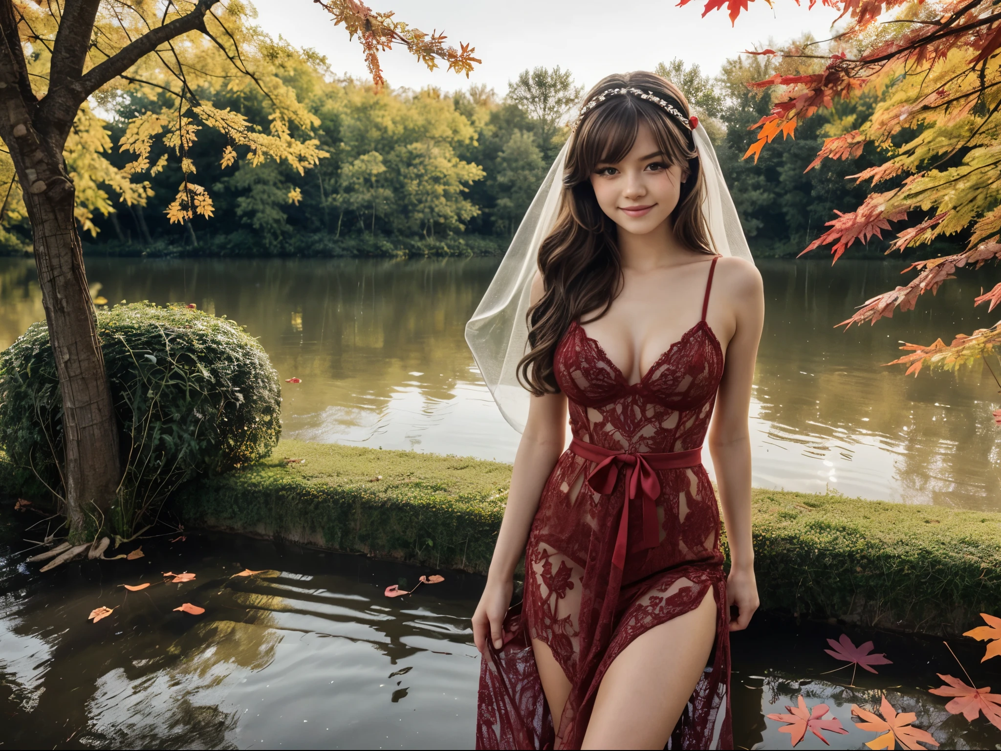 1girl, intricate pattern red dress, ribbon, long hair, bangs, thick hair, looking at viewer, hazel eyes, smile, royal and lusty look, professional model pose, colorful veil, full breasts, (, cute:1.2), (breasts:1.2), BREAK, (red maple tree:1.2), beautiful and delicate light, on the water, floating leaves, (masterpiece, best quality:1.2), perfect composition, hyper realistic, high quality, overgrown oasis,