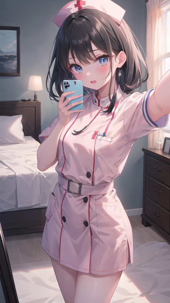 1girl, solo, nurse, nurse cap, white wear, ((white legwear, zettai ryouiki)), white gloves, pink hair, drooping eyes, ((covered nose)), standing, ((hospital room)), sharp outline, short sleeves, best quality, masterpiece,Fleshy,Brown eyes,Fleshy,Black hair,happy,lol,Heart,belt,Black clothes,Exposing underwear,Black lingerie,