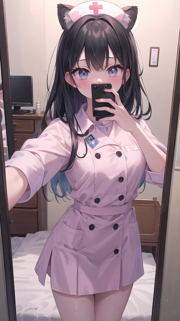 (8k, best quality, master piece: 1.2),super high resolution,1 girl, 独奏, cowboy shot ,ultra-detailed face, Selfie、Reflection in the mirror、Nurse uniform、slit、Bobcut、Black Hair、Buckshot、Private room、bed、