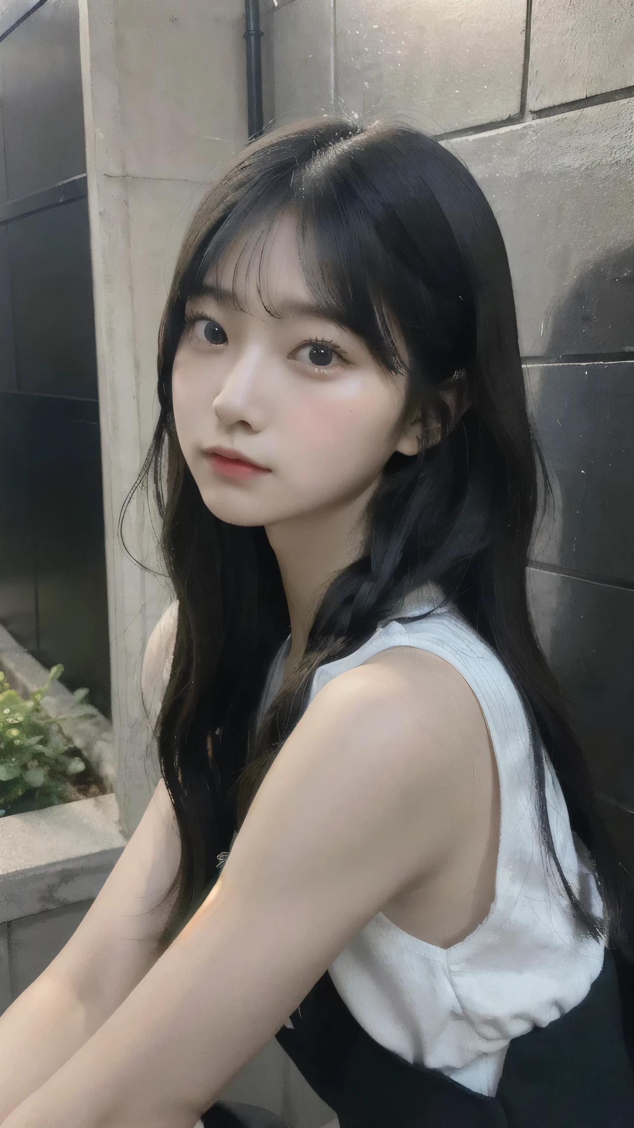 Portrait of a young East Asian girl in a navy blue and white sailor-style . She has long black hair styled in two braids, with straight bangs across her forehead. The girl has large, dark eyes and a small, delicate nose. Her expression is neutral, looking directly at the camera. The background shows a dark blue wooden wall with some green ivy or vine leaves visible to the side. The lighting is soft and natural, creating a slightly moody atmosphere. High-resolution image with sharp focus on the face