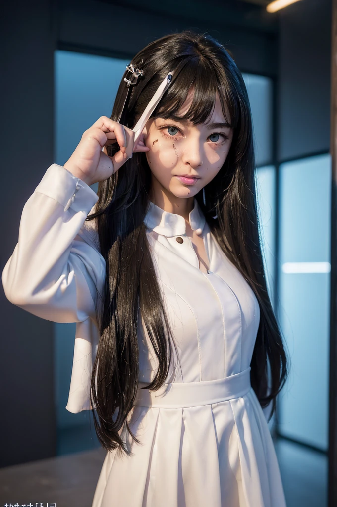 (Age 13, your lustful face:1.9), Third rule, Style - Psycho, girl in white dress, blue eyes, Ultra high resolution, alone, __body parts__ Delicate and realistic skin, big, official art, All-in-one 16K wallpapers, Special details, beauty and aesthetics, beauty, Masterpiece, best quality, In cyberpunk city, Great atmosphere, Calm color palette, Calm mood, soft shadow, shiny hair, Shiny skin, Glow cut, chibi, coordination of finger proportions