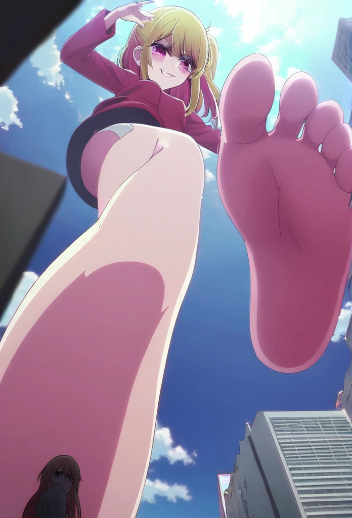 1 girl, oshi no ko, ruby hoshino, stepping,(pov from below:1.3), stepped on, pov, low angle, no shoes, feet, looking down, toes, one foot out of frame, leg lift, foot focus, barefoot, standing on one leg, depth of field, outdoors,( foreshortening:1.2), facial blur, blurry face, building, city, sky, cloud, giantess, mega size, masterpiece, best quality, absurdres, ultra detailed, smirking, glaring, blonde,
