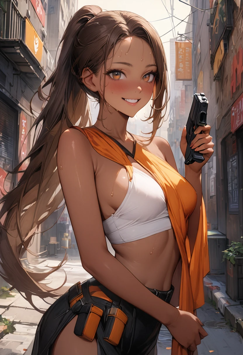 ((masterpiece,Highest quality:1.3,best quality illustration)),(realistic),cowboy shot,独奏,1woman,25 year old beauty,brown hair,ponytail hair,long hair,bangs,brown eyes,(gorgeous big eyes),((very small head:1.3)),smile,((very long body:1.2,skinny)),((tan skin:1.4)),medium breasts,Black leather double rider jacket、White tube top shirt、Black checkered pleated skirt、Leg Holster、Holding a handgun in your hand,sweat:1.3,gleaming skin,slender body,Back Alley、New York City、nsfw,