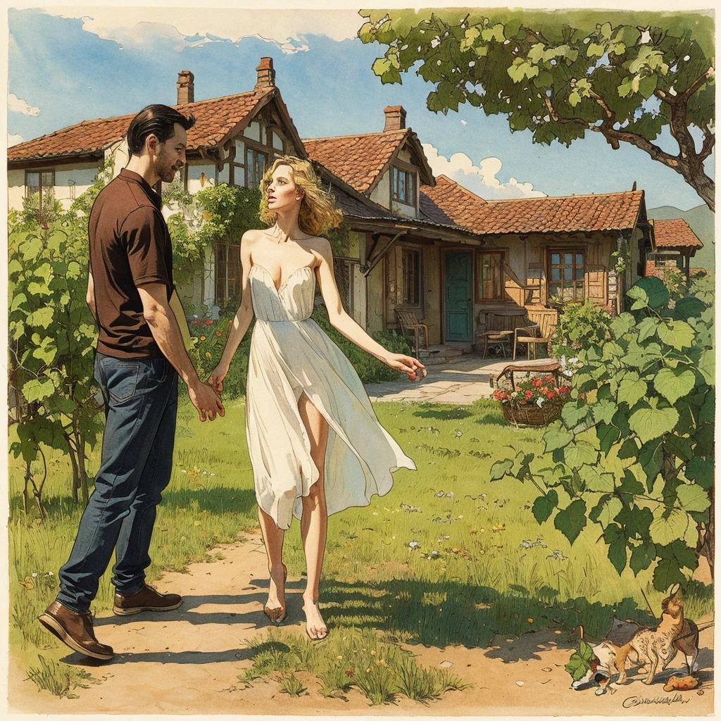 full body view, naked man and woman with shaved pussy work in a vineyard on a hillside, Rustic village in Transylvania nestled in a valley, color pencil drawing, Andrew Loomis approach, woman and man run on flotsam by the sea on beach in summer, full body shot, highly detailed linework reminiscent of Carne Griffiths, imbued with Wadim Kashim's bold color and texture, light and airy as Carl Larsson's compositions,