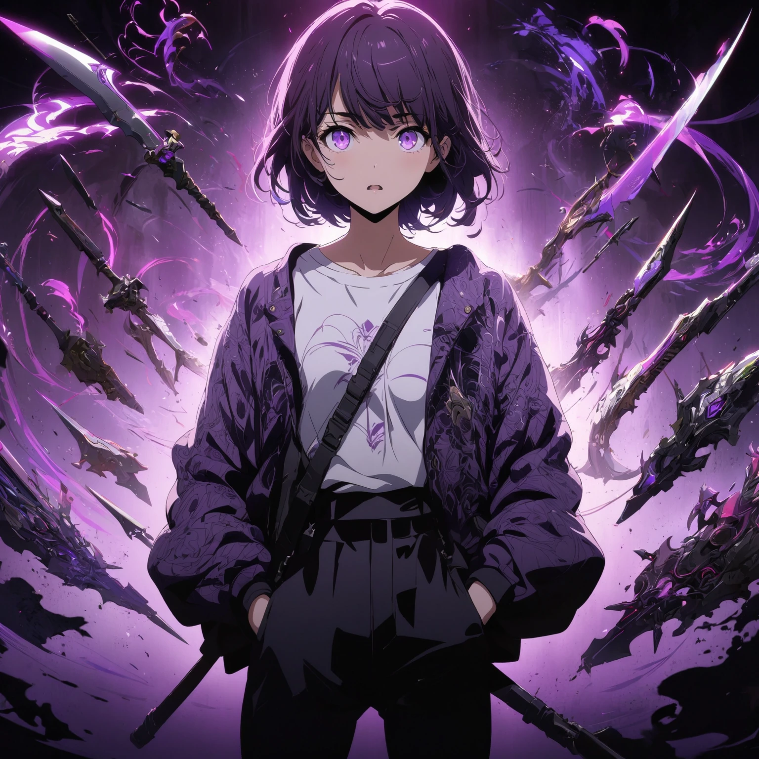 a girl Wearing a very unique casual styled outfit, purple shadows hollow surrounding her, her expression is mostly blank and neutral, with eyes slightly open and a straight mouth, (nude:0.8), weapons that are made out of purple shadow swirling in the air, more weapons made out of black and purple shadows are floating around her, in a Dark and dramatic background, Hints her power theme and sparks to illuminate the characters, detailed gorgeous face| anime style| key visual| intricate detail| highly detailed| breathtaking| vibrant| panoramic| cinematic| Carne Griffiths| Conrad Roset| gibbli 8k