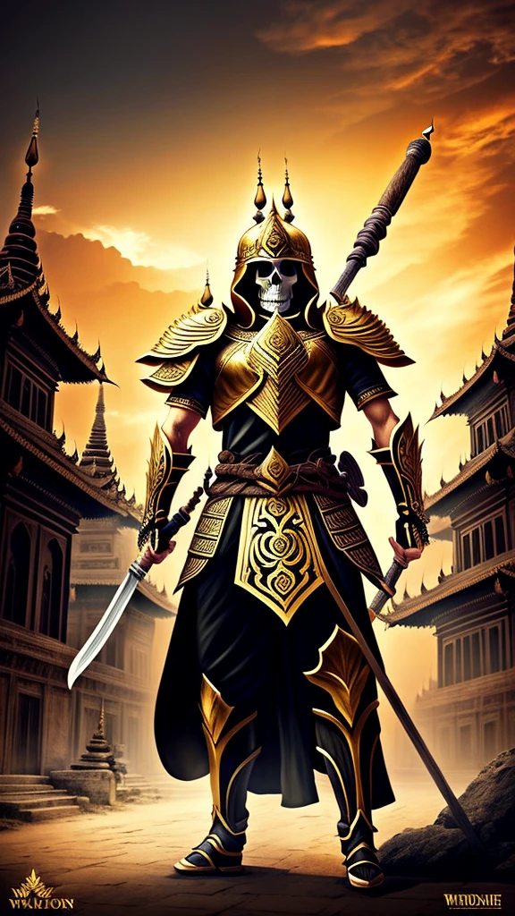 Depicts a skeleton warrior wearing a golden and black color Myanmar worries suit at Bagan、Create ultra-detailed 4K resolution digital artwork。. The artwork is、We need to paint a portrait of the determined faces of warriors at street level.。. Lighting should be dynamic, Highlight the intricate details of your character. The overall style is、It should resemble a splash art with three colors and deep tones。. The artwork should have a calm, picture-book feel.. Warriors shouldn&#39;t cut their hair. Please recommend the best camera model and lens to photograph the artwork..