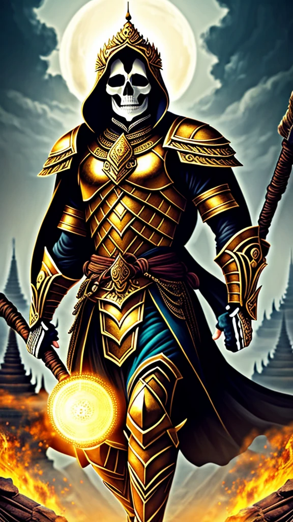 Depicts a skeleton warrior wearing a golden and black color Myanmar worries suit at Bagan、Create ultra-detailed 4K resolution digital artwork。. The artwork is、We need to paint a portrait of the determined faces of warriors at street level.。. Lighting should be dynamic, Highlight the intricate details of your character. The overall style is、It should resemble a splash art with three colors and deep tones。. The artwork should have a calm, picture-book feel.. Warriors shouldn&#39;t cut their hair. Please recommend the best camera model and lens to photograph the artwork..