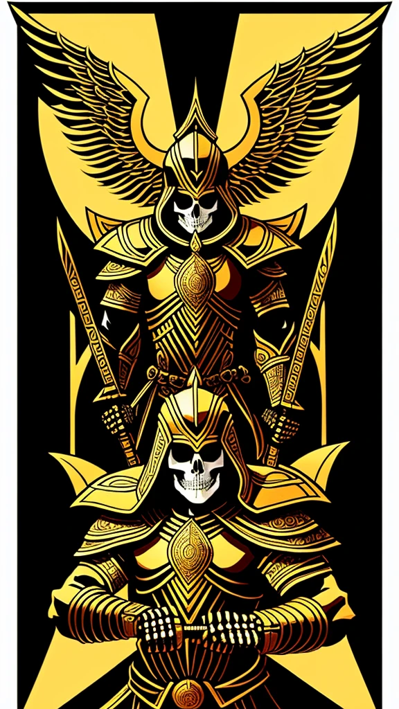 Depicts a skeleton warrior wearing a golden and black color Myanmar worries suit at Bagan、Create ultra-detailed 4K resolution digital artwork。. The artwork is、We need to paint a portrait of the determined faces of warriors at street level.。. Lighting should be dynamic, Highlight the intricate details of your character. The overall style is、It should resemble a splash art with three colors and deep tones。. The artwork should have a calm, picture-book feel.. Warriors shouldn&#39;t cut their hair. Please recommend the best camera model and lens to photograph the artwork..