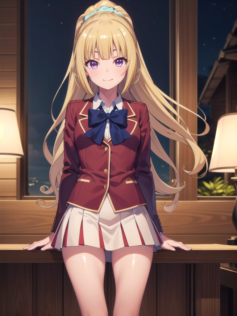 keikaruizawa, kei karuizawa, Long Hair, bangs, blunt bangs, (Purple eyes:1.1), Blonde, shirt, hair ornaments, ponytail, Scrunchie, blue Scrunchie, smile, break skirt, shirt, bow, , Jacket, (red Jacket:1.2), Pleated skirt, bowtie, sweater, (blue bow:1.2), (blue shirt:1.2), break looking at viewer, (Cowboy Shot:1.5), break (masterpiece:1.2), Highest quality, High resolution, unity 8k wallpaper, (figure:0.8), (Beautiful attention to detail:1.6), Highly detailed face, Perfect lighting, Highly detailed CG, (Perfect hands, Perfect Anatomy), , (3D Face:1.1), (Shiny skin:1.5), (超High resolution intricate face details), (Facial skin pores:1.3), 超High resolution cloth texture, 大きなsmile、Blushing、Open your mouth, Showing off her perfect legs, Swayback stance:1.5, armpit:1.6, arms behind back, mansion bedroom, In the middle of the night, Moonlight, Sitting on the bed