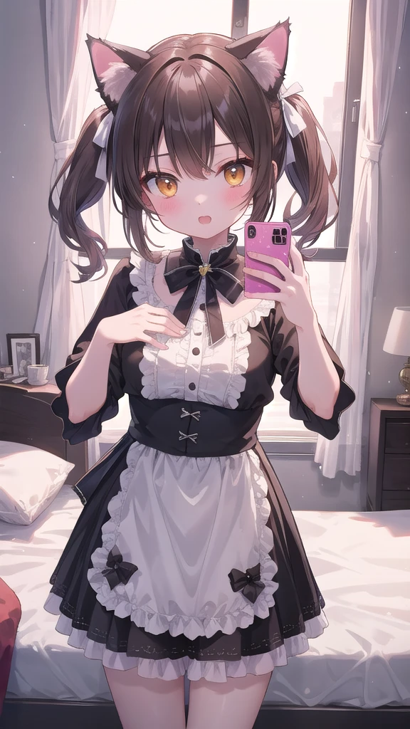 (8k, best quality, master piece: 1.2),super high resolution,1 girl, 独奏, cowboy shot ,ultra-detailed face, Selfie、Reflection in the mirror、Cat Ear Cosplay、Twin tails、Brown、Private room、bed、