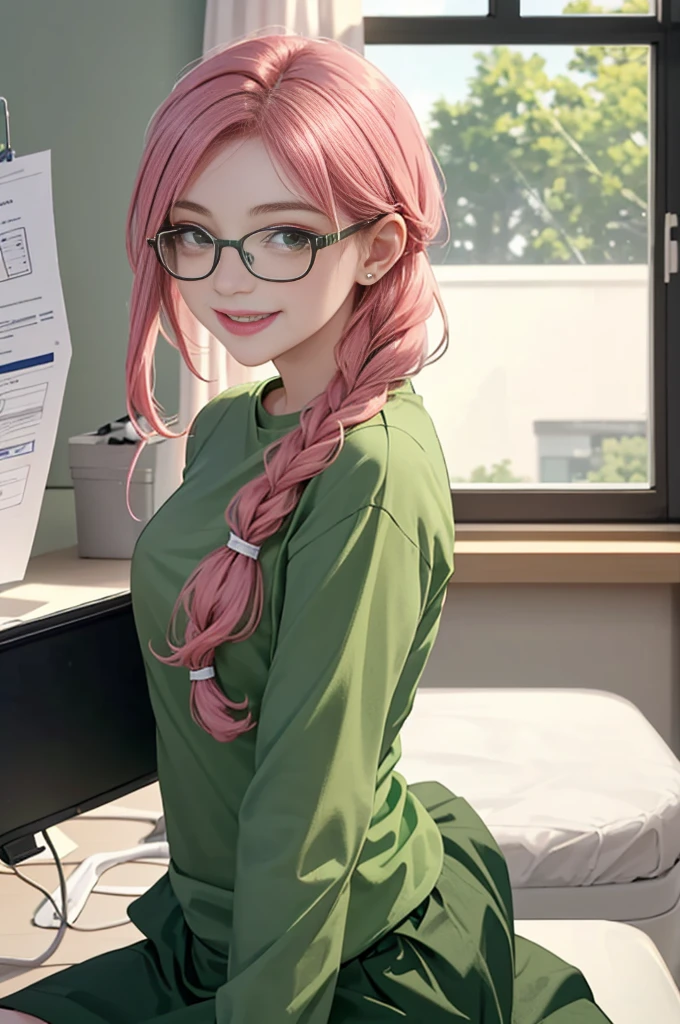 1 girl, age 5-6 years ,Solo, sitting (Looking at the audience), (Green Shirt:1.5), long skirt ,Stylish clothes young woman wearing glasses /(pink hair/) Braided hair, smiling kindly (The best quality masterpiece:1.2) , Delicate illustrations, Special details, (hospital examination room) Indoor, desk, detailed background