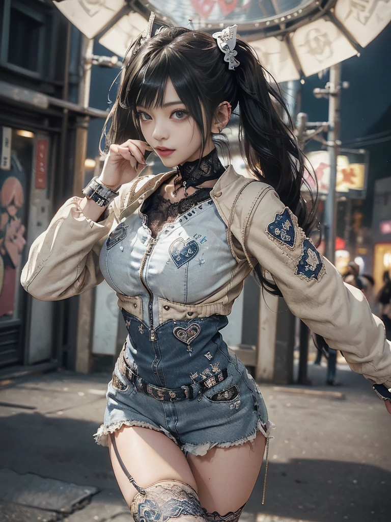 (Full Body View:1.2)、(Full body:1.3)、(Smiling with teeth showing:1.3),(Shibuya Gal:1.5)、(Beautiful:1.4)、(Neo-goth fashion:1.5)、(Punk RockVisual Kei:1.3)、(Futuristic bodysuit in white, beige and denim with embellishments:1.5)、(A delicate short jacket in denim, beige and navy:1.5)、(Denim garter belt:1.5)、(Tattered denim and a white micro mini skirt:1.3)、(Heart-shaped silver accessories:1.5)、(Brown Skin Belt:1.4)、(Blue High Heels:1.4)、(Lace patterned underwear:1.4)、20-year-old、NSFW,((Highest quality、In 8K、masterpiece:1.3))、Sharp focus:1.2、(Layered Cut、Huge boobs:1.1),Beautiful woman with perfect figure:1.4、(Doing an aerobics pose:1.3)、Slender Abs:1.2、Butt、Highly detailed face and skin texture、Detailed eyes、double eyelid,(Twin tails:1.3)、(Black brown hair:1.3)、Obscene、Gravure idol、(Luxurious amusement park at night:1.3)、(Make your legs thinner:1.4)、(Thin thighs:1.4)、(Slim Body:1.3)、(clavicle:1.1)