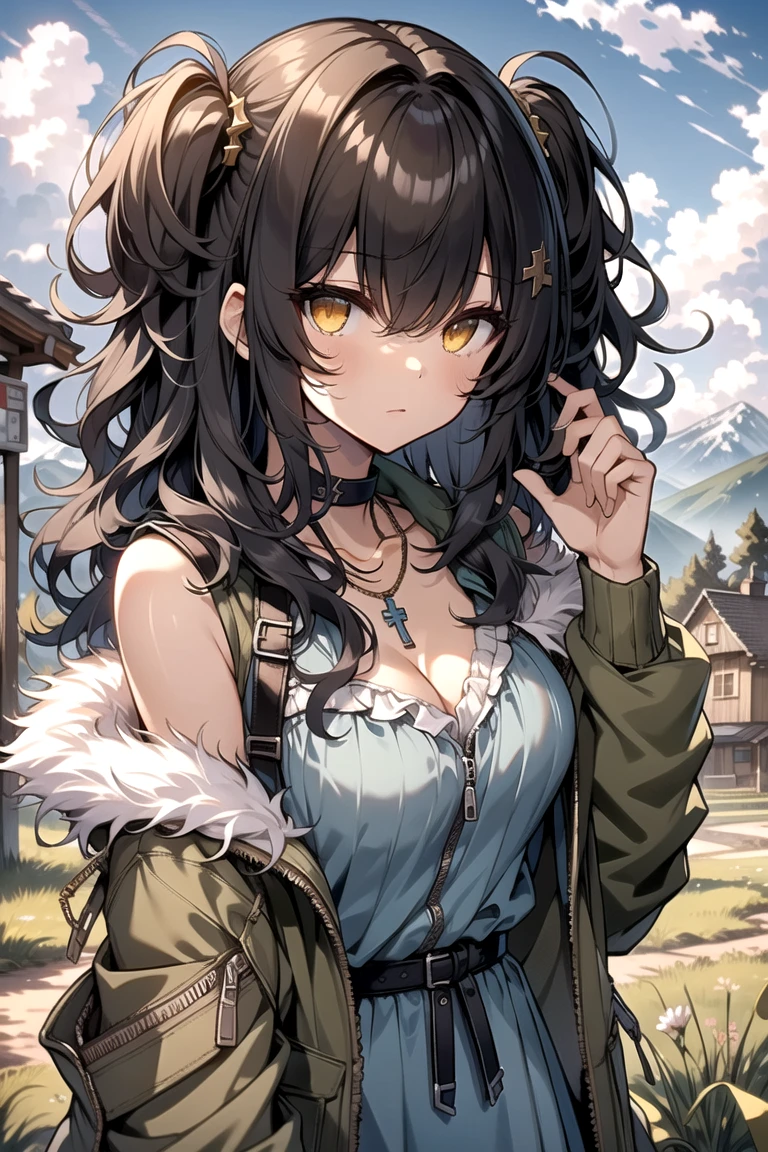 (masterpiece:1.2), (high quality:1.2), girls with((black hair, yellow eyes, (wavy long hair, one side up:1.52), bare shoulders, breasts, choker, cleavage, coat, collar, collarbone, cowboy shot, dress, blue clothes, camisole, (rosary, rosary choker, cross:0.7), necklace, fur, fur collar, fur trim, hood down, hooded jacket, hoodie, jacket, large breasts, long hair, long sleeves, black belt, suspenders, medium breasts, medium hair, necklace, open clothes, open hoodie, sleeveless, solo, winter clothes, zipper, cleavage, upper body, hand up, waving, palm)), background with((architecture, blue sky, bush, castle, village, no humans, cloud, cloudy sky, day, field, garden, grass, hill, house, lamppost, landscape, mountain, mountainous horizon, nature, no humans, outdoors, scenery, shrine, sky))