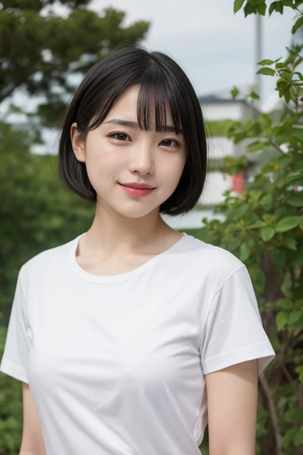 (pale white t-shirt, jeans:1.3), (small breasts, election of nipples:1.3), (natural lighting:1.3), 8k, RAW photo, best quality, masterpiece, realistic, photo-realistic, clear, beautiful face, no makeup, best quality, ultra high res, BREAK, Japanese cute girl, , (short cut hair:1.2), smile, standing, BREAK, (black eyes, black hair:1.2)