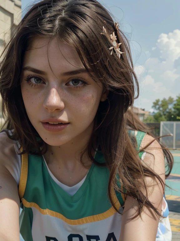 1 woman, basketball court,solo,(full body), (closed mouth),beautiful detailed eyes, pose, narrow waist,basketball uniform, black hair,messy hair,long hair floating in wind, (8K, Best Quality: 1.2), (Masterpiece: 1.37), (Photo, Photo, Realistic: 1.37), (Ultra High Resolution), (Crazy Detail, Bloom : 1.5), (Highest Quality, Alessandro Casa Grande, Greg Rutkowski, Sally Mann, Concept Art, 4K), (Simulation: 1.2), (High Definition), (Detailed Pupil: 1.1), Detailed Face and Eyes, Masterpiece , Best Quality, (High Detailed Photo: 1.1), (Ecstasy: 1.1), Sharp, Realistic, Realistic Shadow, 3D, Photo of Canan EOS R6, 135 mm, 1/1250 s, f/2.8, ISO 400