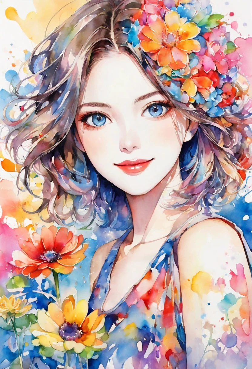 beautiful woman portrait, cute smile, Sylvia Pelissero watercolors, colorful flowers, beautiful eyes,  upper body, abstract art, intense watercolor, watercolor detailed art, watercolor splash, surreal, avant-garde pop art, Beautiful and expressive paintings, Beautiful artwork illustration, very colorful tones, wonderful, cool beauty, highest quality, official art, women only, sharp outline, best shot, vector art, lips in love、 (((The strongest beautiful women of all time))), (((Japanese)))、clear, (((highest quality))), lips in love, HDR, ((Detailed details)), stylish fashion, detailed clothing texture, (((graffiti art))), colorful hair, ((masterpiece))、((Super detailed))